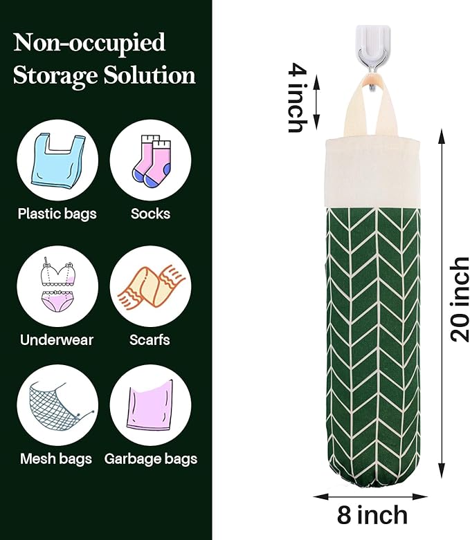 Canvas Grocery Bag Holder Dispenser, Wall Mount Shopping Trash Bag Storage Organizer for Home Kitchen (Fresh Green)
