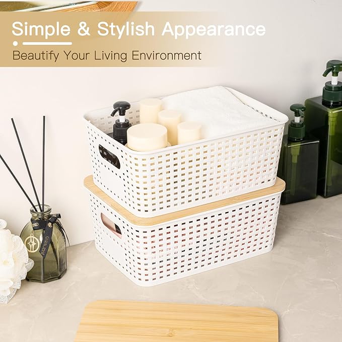 Criusia 6 Pack Plastic Storage Baskets With Bamboo Lid, Stackable Storage Baskets for Organizing Desktop Closet Shelves Drawers Pantry Organization Office Playroom Classroom