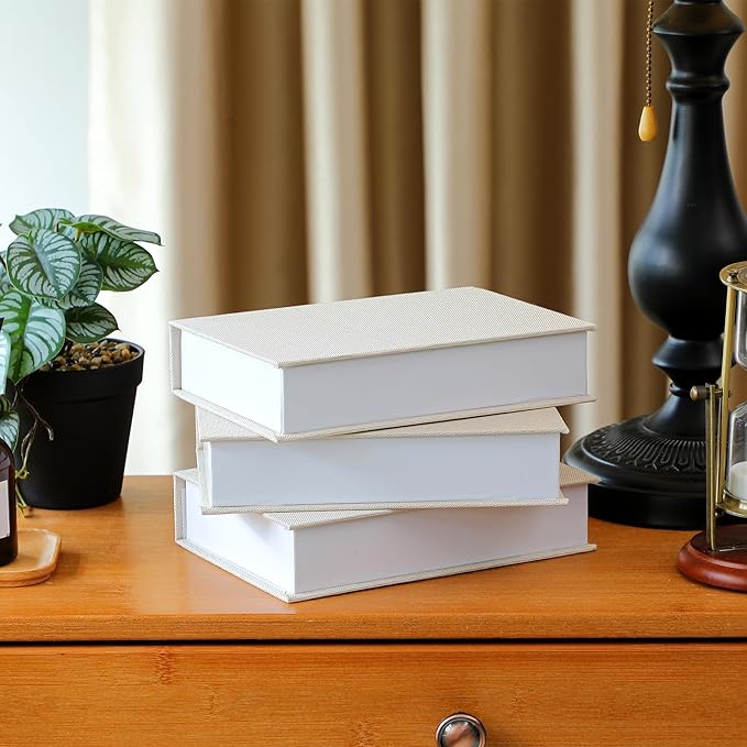 Tioncy 3 Pcs Fake Book Box Neutral Linen Book Box Decorative Faux Prop Storage for Farmhouse Home Decor shelf Table Card Photo DIY Keepsake Gift(8.6 x 6.1 x 1.8 Inch,Creamy White)
