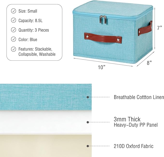 3PCS Storage Bins Boxes with Zippered Lids Cotton Linen Fabric Decorative Basket PU Leather Handles PP Plastic Board Foldable Lidded Clothing Shelf Closet Organizer Container (Blue, Small)