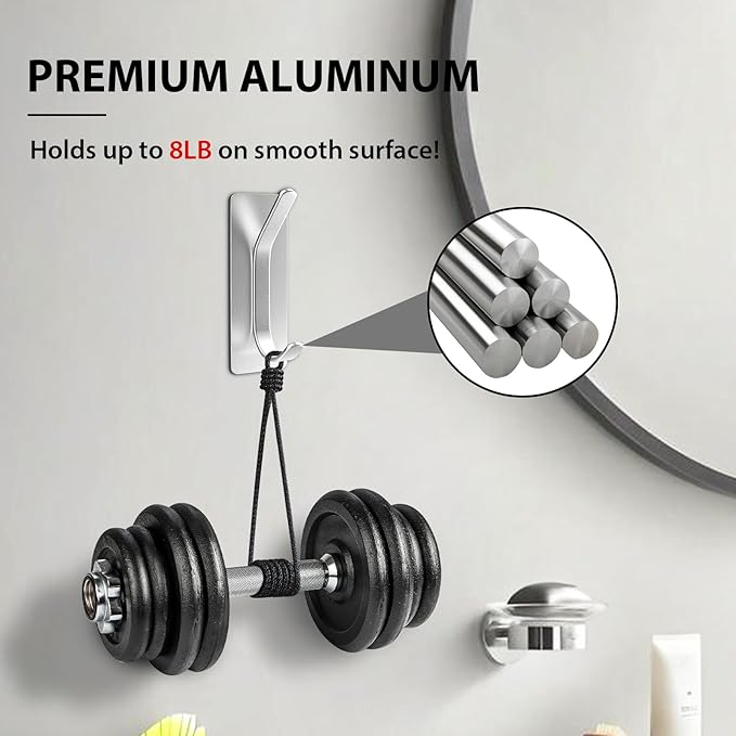 Adhesive Wall Hook for Towel, Coat, Extra Sticky 8LB Stainless Hook, Stick on Hanger for Bath or Shower, Silver 6-Pack
