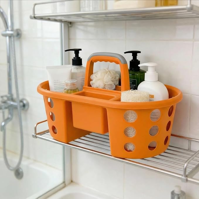 Large Shower Caddy Portable 2PC - Made in USA Plastic Jumbo Size Dorm Storage Candy Tote with Handle Shower Organizer for Bathroom, Pantry, Kitchen, College Dorm, Green/Orange