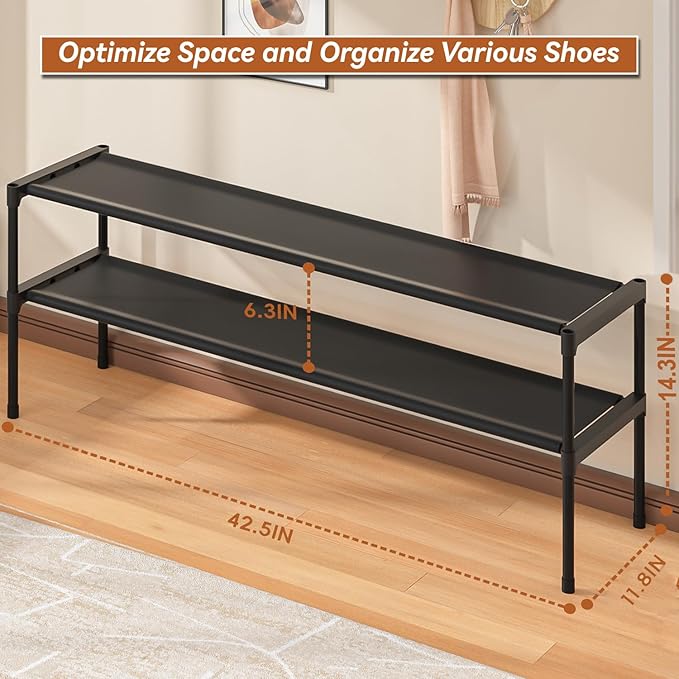 Extra Long Shoe Rack 2 Tier Shoe Storage Organizer Wide Stackable Shoe Organizer Racks for Closet Entryway,Shoe Shelf Stand Sturdy Durable Shoes Rack Holder Save Space