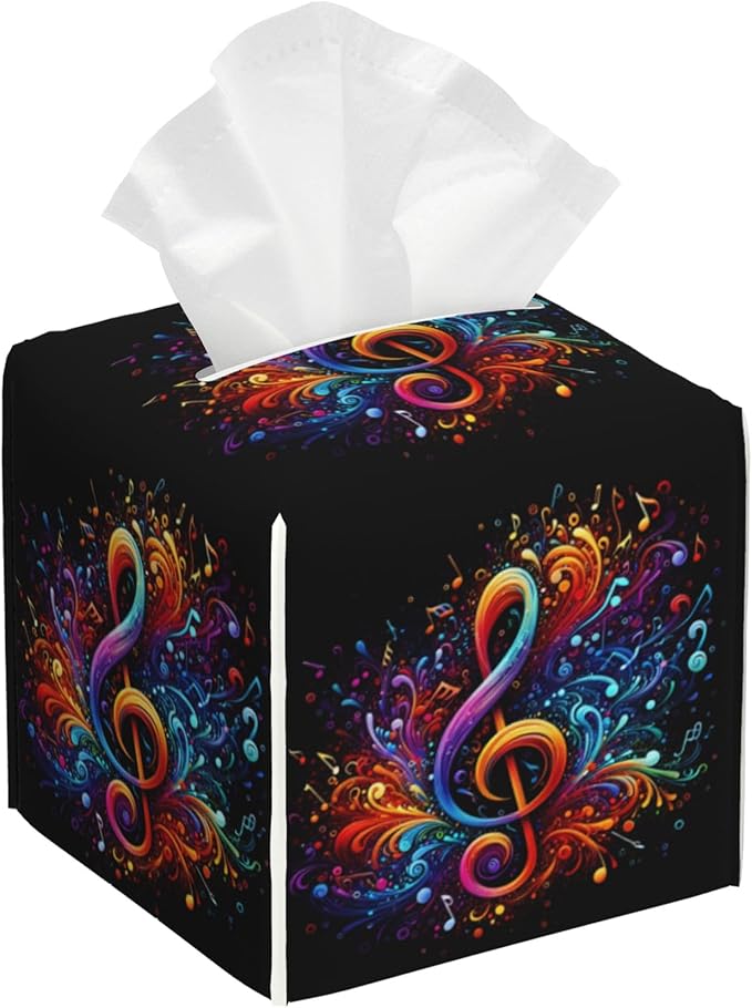 Tissue Box Holder Colorful Musical Notes Square Leather Tissue Box Cover Modern Cube Facial Paper Cover Case for Bathroom Vanity Countertop Night Stands Tabletop