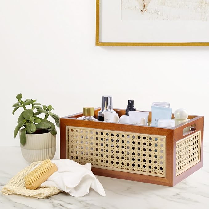 Rattan Storage Basket Large Handmade Woven Storage Bin for Organizing Decorative Wooden Box for Rustic Farmhouse Decor Home Office Tabletop Shelf Organizer, 13.8"L x 9.8"W x 6.3"H