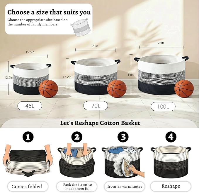 40L Large Cotton Rope Basket, Decorative Woven Blanket Storage for Living Room, Boho Toy Storage & Toy Box for Kids, Versatile Laundry Basket & Nursery Hamper for Blankets(Black)