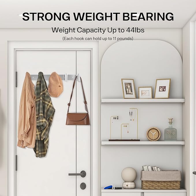 Silver Coat Hooks, Silver Wall Mounted Coat Rack – 5 T-Shaped Towel Rack for Hats, Bags & Towels, Heavy-Duty Metal Rail for Entryway, Bathroom, Closet, Bedroom
