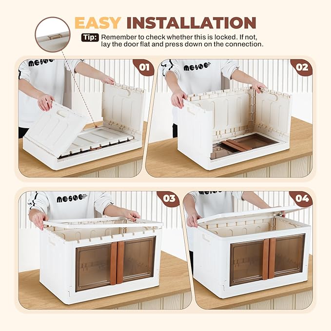 FAHKNS 3 Pack 8.4 Gallon Collapsible Storage Boxes, Lidded Storage Box with Door and Wheels for Books, Towels and Clothes, Folding Storage Box for Home