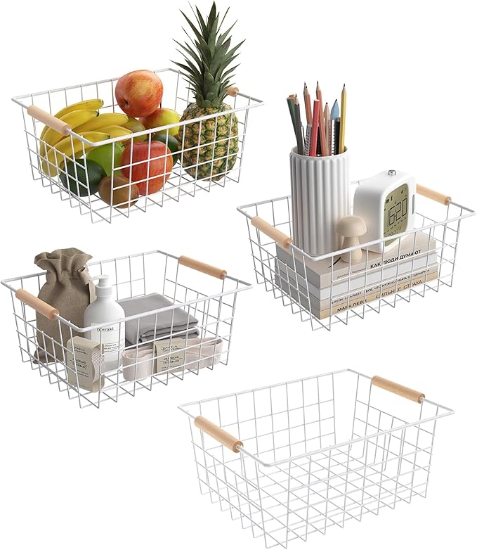 Wire Basket with Wooden Handle, Metal Utility Storage Basket for Organizing Kitchen Pantry Cabinets, Closet and Garage Shelves Drawers, Office Metal Basket Storage Organizer with Handle (White 4 Pack)