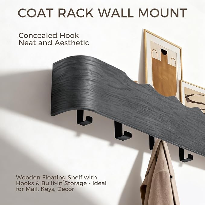 Wall Coat Rack Floating Shelves Modern Coat Rack Wall Mount with Storage Entryway Shelf Wooden Hanger 20 Inch 4 Hidden Metal Hooks for Living Room Bedroom (Wavy Black, 5 Hooks)