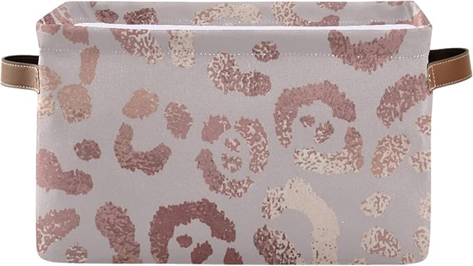 susiyo Large Foldable Storage Bin Leopard Skin Rose Gold Fabric Storage Baskets Collapsible Decorative Baskets Organizing Basket Bin with PU Handles for Shelves Home Closet Bedroom Living Room-2Pack