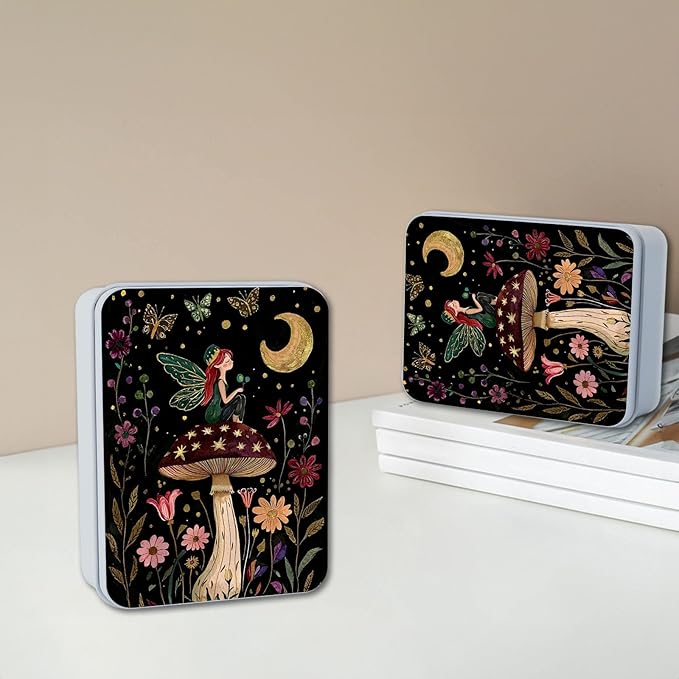 Metal Tin Box with Lid,Multi-functional Storage Box Can Store Tea Biscuits Game Cards, Playing & Tarot Cards-Comes with 4 Magnetic Cord Clips,Mushroom Fairy