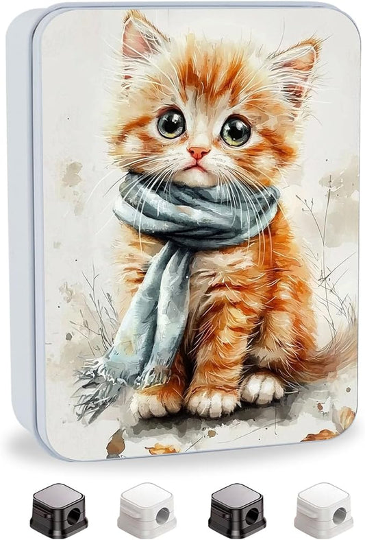 Metal Tin Box with Lid,Multi-functional Storage Box Can Store Tea Biscuits Game Cards, Playing & Tarot Cards-Comes with 4 Magnetic Cord Clips,Kitten with Blue Scarf