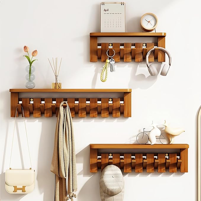 Wall Mounted Coat RackHooks Piano Key Hangers Natural Solid Wood Hanger Non-Woven Fabric Clothes Hangers for Closet, Kitchen, Bedroom, Bathroom, Entryway (Tray-Walnut, 12 Hooks)