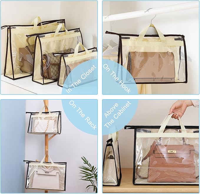 CINPIUK 10 Set Handbag Storage Organizer Dust Bags for Purses Handbags Closet, Clear Purse Protector Storage Bag Dust Cover for Bags, Closet Organizer for Handbags with Hooks
