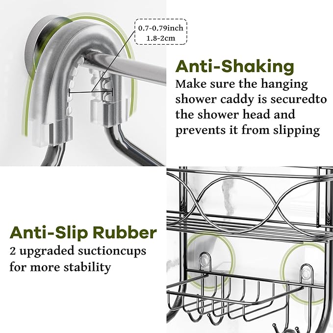 Shower Caddy Hanging Organizer, Over Shower Head Rack Removable Design For Versatile Storage of Bottles and Accessories With Suction Cup Hooks Black Coated