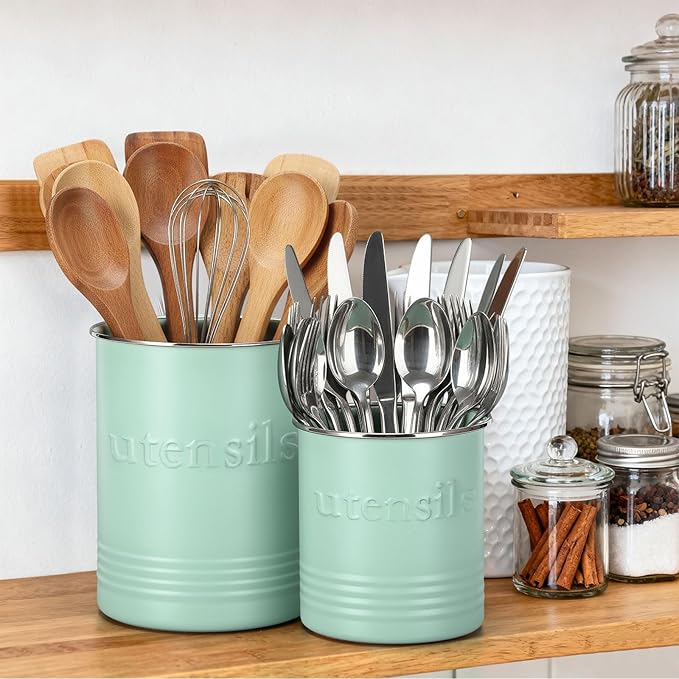 2 Pack Kitchen Utensil Holder for Counter 6.7"+4.7" Farmhouse Cooking Utensil Crock with Cork Bottom Modern Farmhouse Decors Countertop Storage Organizer Caddy Housewarming Gift(Sage Green)
