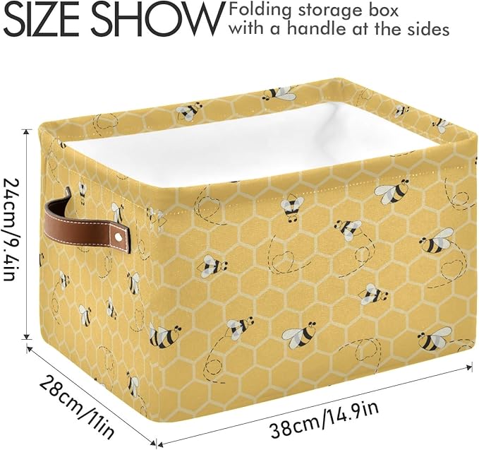 AUUXVA Bee Storage Basket Yellow Honeycomb Beehive Geometric Pattern Storage Cube Box Canvas Collapsible Toy Basket Organizer Bin with Handles for Shelf Closet Bedroom Home Office