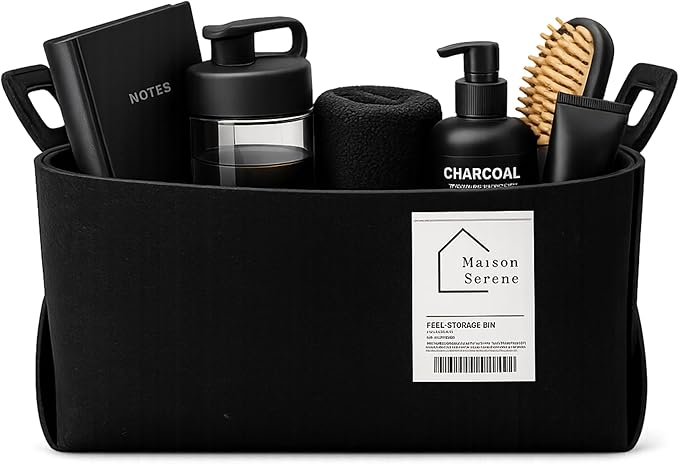 Fabric Storage Basket – Foldable Felt Storage Bin with Handles, Multi-Purpose Storage Organizer for Shelves, Closet, Toys, Clothes, Blankets, Bedroom, Living Room & Nursery, BLACK, Small