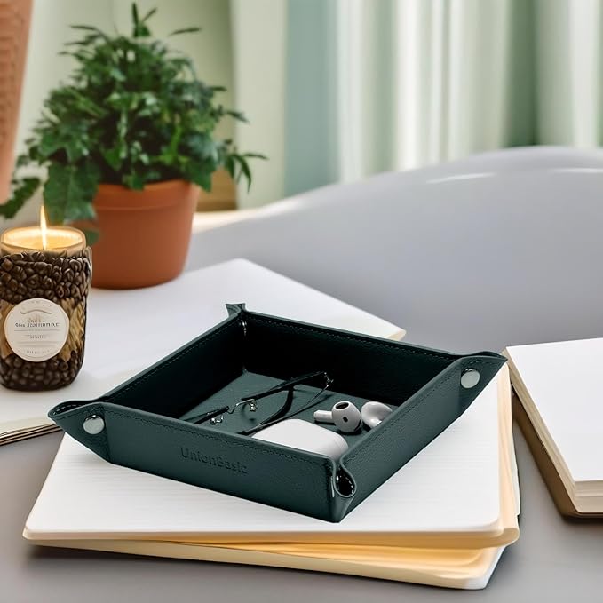 UnionBasic Small Valet Tray, Jewelry Tray for Rings Watches Earrings, Entryway Catchall Caddy for Coins Keys Change, Nightstand Bedside Valet Holder, Trays for Electronic Gadgets, Lychee Dark Ivy