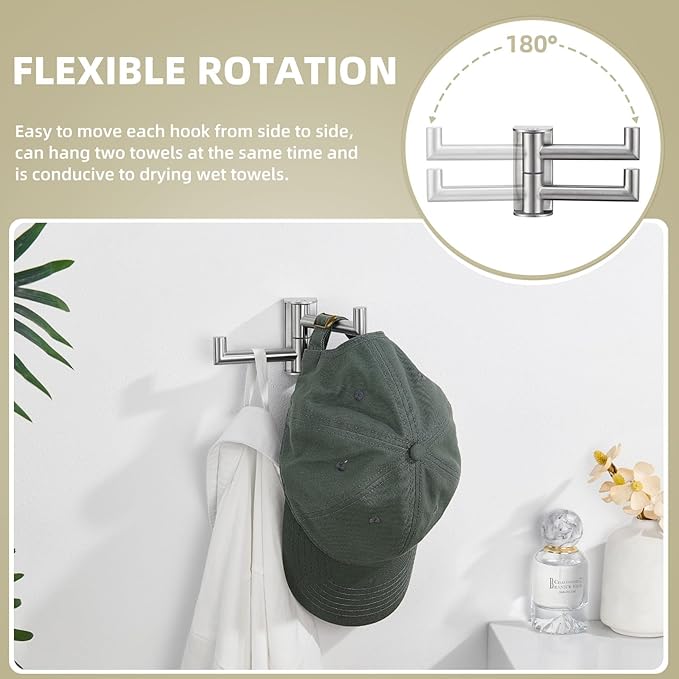 Suyar Double Towel Hook Brushed Nickel, SUS304 Stainless Steel Bathroom Robe Holder, Coat Hook with 2 Rotatable Arms, Wall Mounted