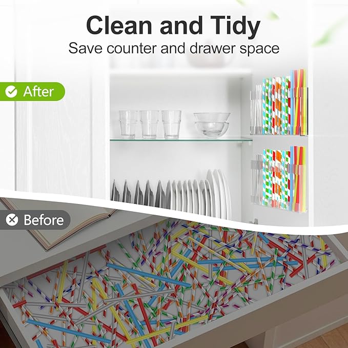 2 Pack 9.5” Large Acrylic Straw Holder for Cabinet Door with Detachable Ultra Sticky Adhesive Squares and Stickers, 2026 Reusable Straws Organizer Storage Dispenser for Kitchen Counter Cupboard