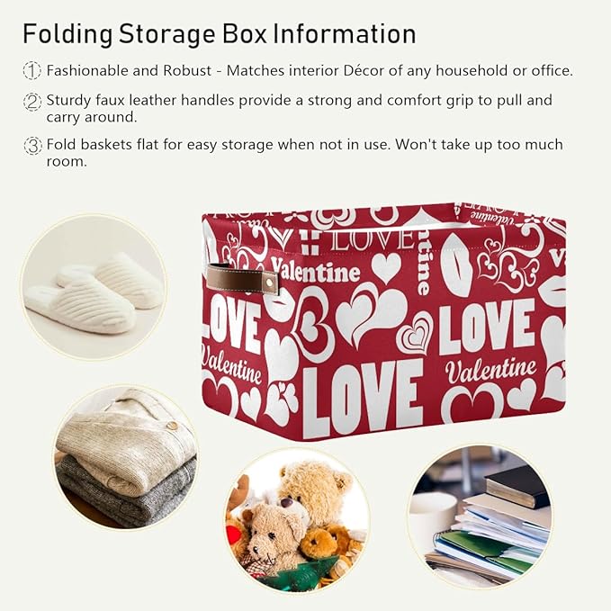 Love Lips Large Foldable Storage Basket,Valentine Pattern Storage Bin Fabric Collapsible Organizer Bag with Handles 15x11x9.5 inch