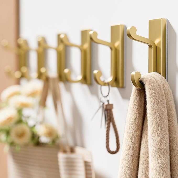 Gold Self Adhesive Wall Hooks for Coats - Stainless Heavy Duty Double Hook for Clothes, Towel, Keys, Purse, Backpack, Bag, Hat, 6 Pack Coat Hook for Door, Bathroom, Bedroom.