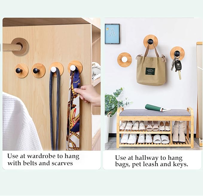 4pack Decorative Wood Wall Hook Coat Hooks for Hanging Adhesive Waterproof Wall Hook Clothes Bag Key Hanger Hook Bedroom Kitchen Bathroom Door Robe Towel Hooks-White