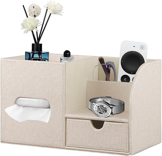 Fanousy Square Tissue Box Cover with Drawer Storage and Tray on Top, PU Leather Tissues Cube Boxes Holder, Modern Nightstand Organizer Caddy, Remote Control Holder for Bathroom, Bedside, Office, Home