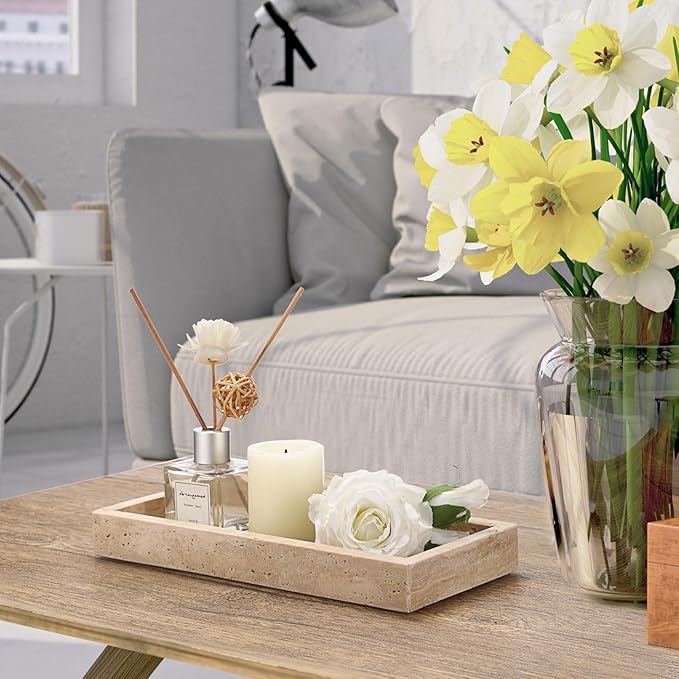 Hipiwe Natural Travertine Tray Vanity Decorative Tray Rectangular Perfume Trays Bathroom Countertop Storage Catchall Trays for Vanity Jewelry Trinket Candles Organizer, 9.8"x4.7"x1.2"