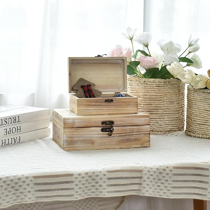 Mandala Carved Wooden Box Set of 2, Rustic Decorative Storage Boxes with Metal Latch, Handcrafted Mandala Flower Design Keepsake Boxes for Jewelry, Photos, Home Decor, Coffee Table
