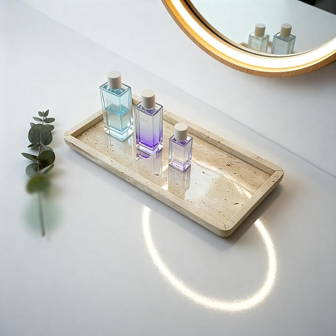 Natural Marble Travertine Vanity Tray, 12 x 6 inch Home Decor Tray for Home,Bathroom, Kitchen, Dresser, Coffee Table, Sink Storage Holder Organizer,Beige Travertine(NS015)