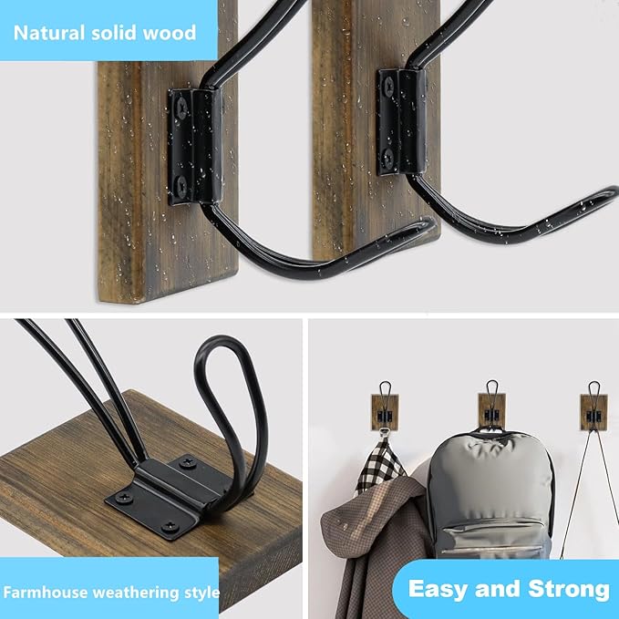 Wall Hooks for Hanging,Coat Hooks,Hat Hangers for Wall,2 Pack Adhesive Towel Hooks for Bathroom,Wood Coat Rack for Robe Keys Backpack Purse(Weathered Brown)