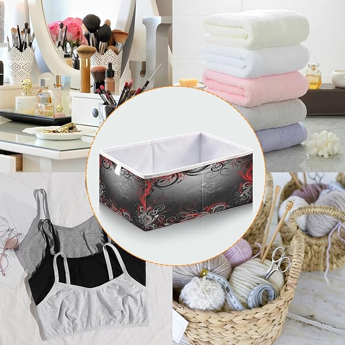 Blueangle Black Red Floral Cube Storage Bin, 11 x 11 x 11 in, Large Collapsible Organizer Storage Basket for Home Décor