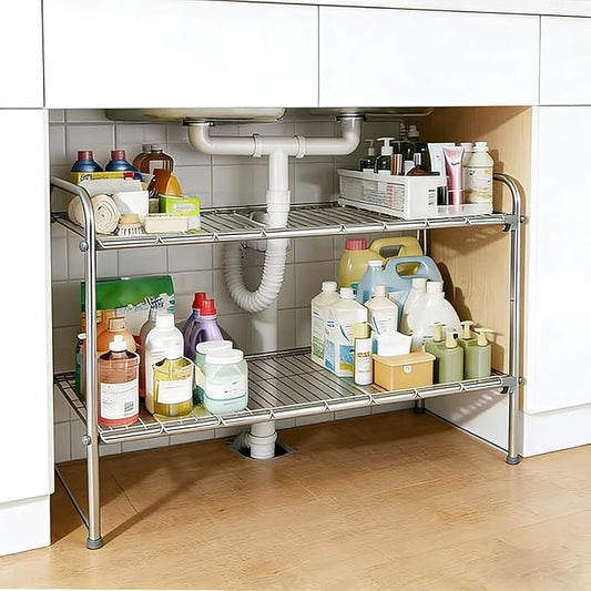 Under Sink Organizers and Storage，2 Tier Expandable Under Cabinet Organizer Shelf for Under Kitchen Bathroom Sink Organizers and Storage