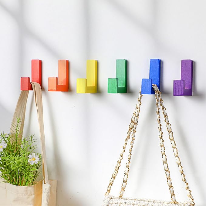 6 Pack Cute Kids Coat Wall Hooks Wooden Adhesive Decorative Colorful Wall Mounted Hangers Backpack Hooks for Hanging Keys Towel Clothes Bathroom Organization(Rainbow)