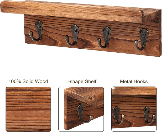 Rustic Key Holder for Wall, Farmhouse Wall Shelf with 4 Hooks, Wall Mounted Key Racks, Wooden Mail Organizer with Hooks for Entryway (Brown - Pine)