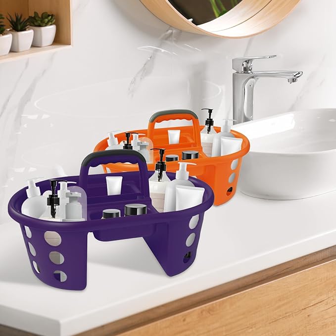 Large Shower Caddy Portable 2PC - Made in USA Plastic Jumbo Size Dorm Storage Candy Tote with Handle Shower Organizer for Bathroom, Pantry, Kitchen, College Dorm, Orange/Purple
