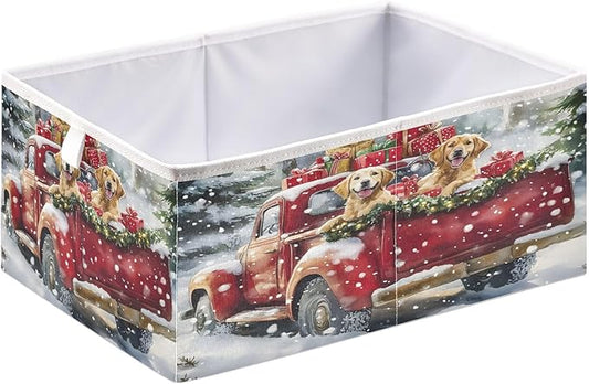 Bolaz Christmas Red Truck Two Dog Closet Organizers Storage Cubes Storage Bins Shelf Baskets Containers for Home Room Office,Rectangle