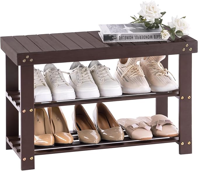 Apicizon Bamboo Shoe Rack for Entryway, 3-Tier Shoe Rack Bench for Front Indoor Entrance, Small Shoe Organizer with Storage, Dark Brown