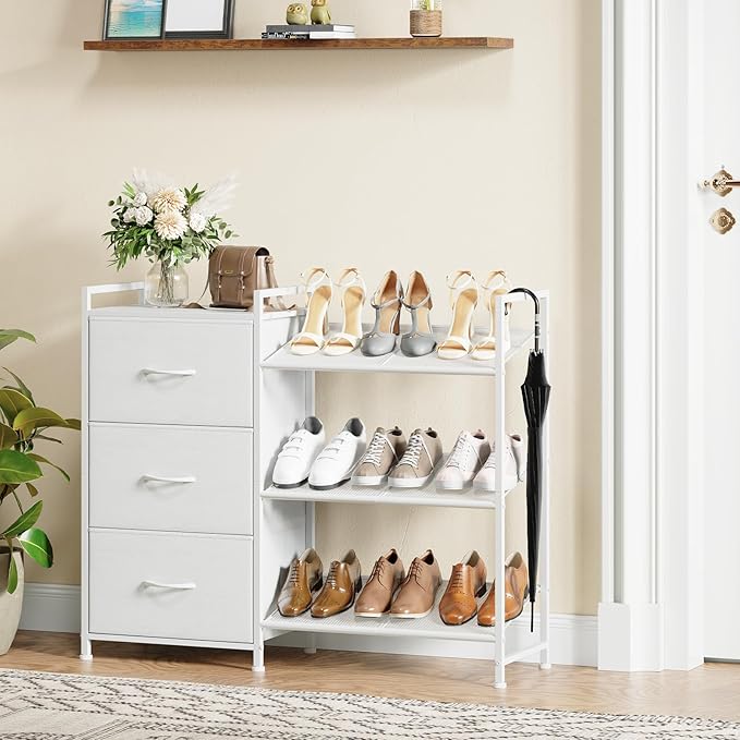 Somdot Shoe Rack, 3 Tier Shoe Organizer with 3 Drawers, Metal Shoe Storage Shelf for 6-9 Pairs of Shoes, Narrow Shoe Rack for entryway, White Leather
