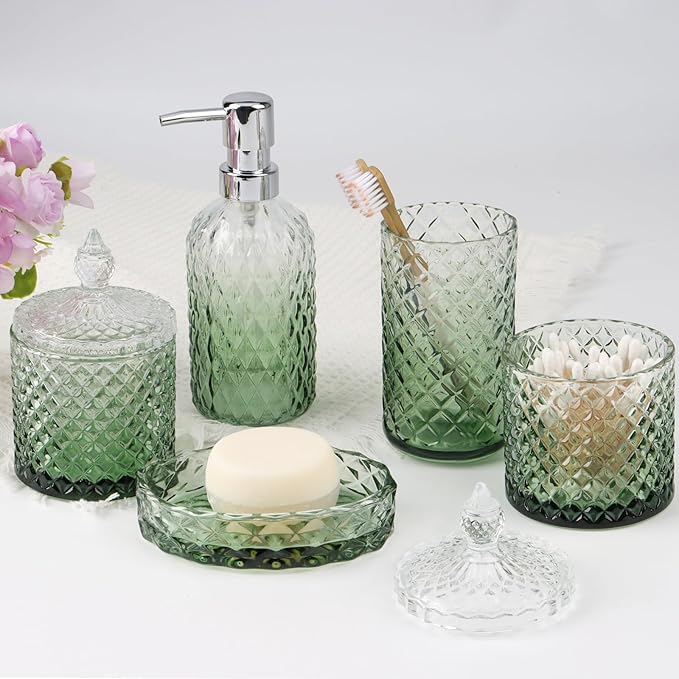 5Pcs Glass Bathroom Accessories Set,Green Vintage Bathroom Accessory Set, Bathroom Counter Sink Toothbrush Holder Set Includes Hand/Lotion Soap Dispenser & Tumbler & Soap Dish & Qtip Holders