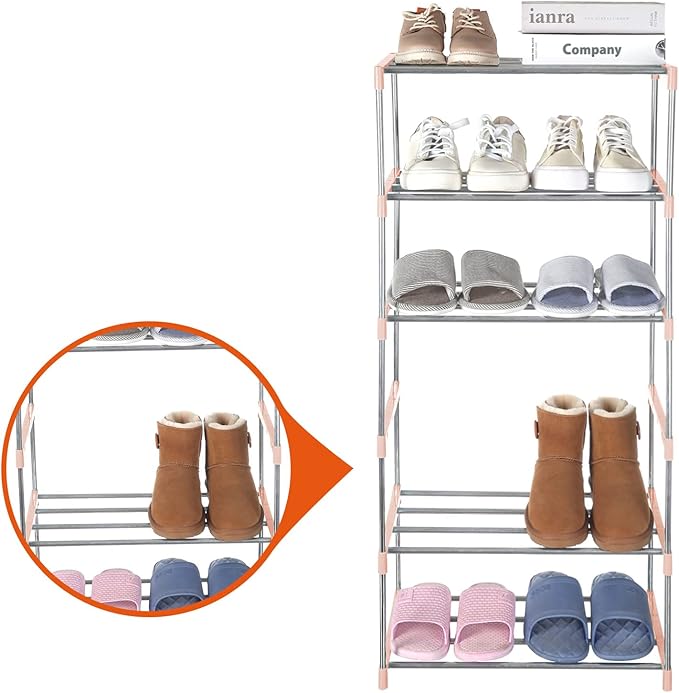 Small Shoe Rack, Narrow Stackable Shoe Shelf Organizer for Entryway, Doorway and Bedroom Closet (3-Tier, Pink)