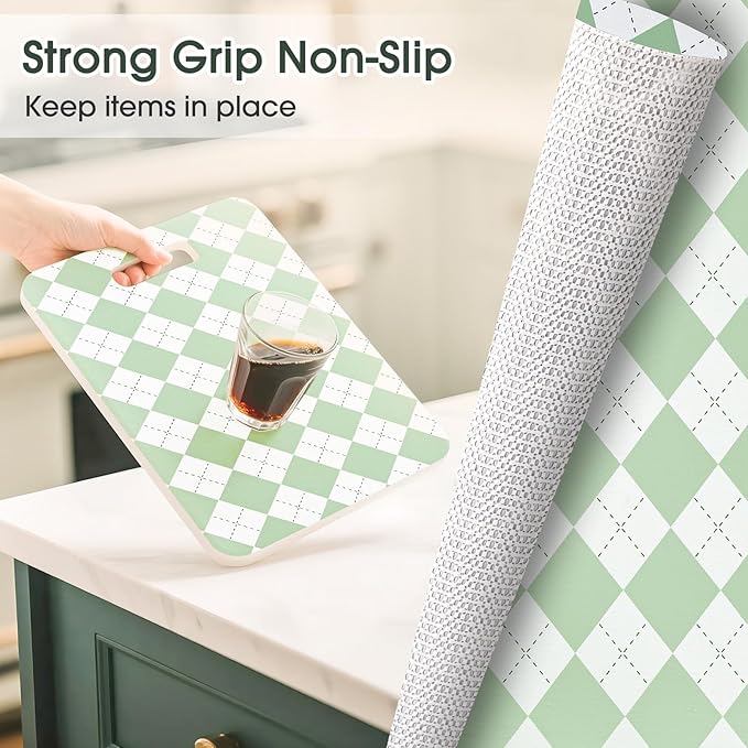 Coavas Extra Grip Thickened Shelf and Drawer Liner - Non-Adhesive Non-Slip Waterproof Mats for Kitchen Cabinets, Drawers, Shelves, Dresser & Cupboard, Easy Cut DIY (Green Rhombic, 24IN x 20FT)