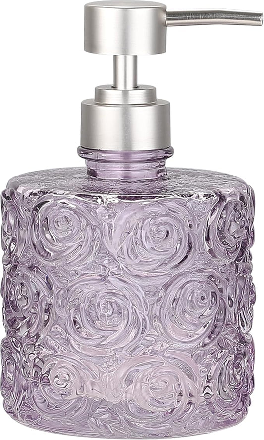 Marcella Glass Soap Dispenser with Soap Pump, Refillable 14 Ounce Capacity, Floral Design Rose Patterns, Heavy Weight Thick Glass for Bathroom, Premium Kitchen Soap Dispenser (Lavender Frost)