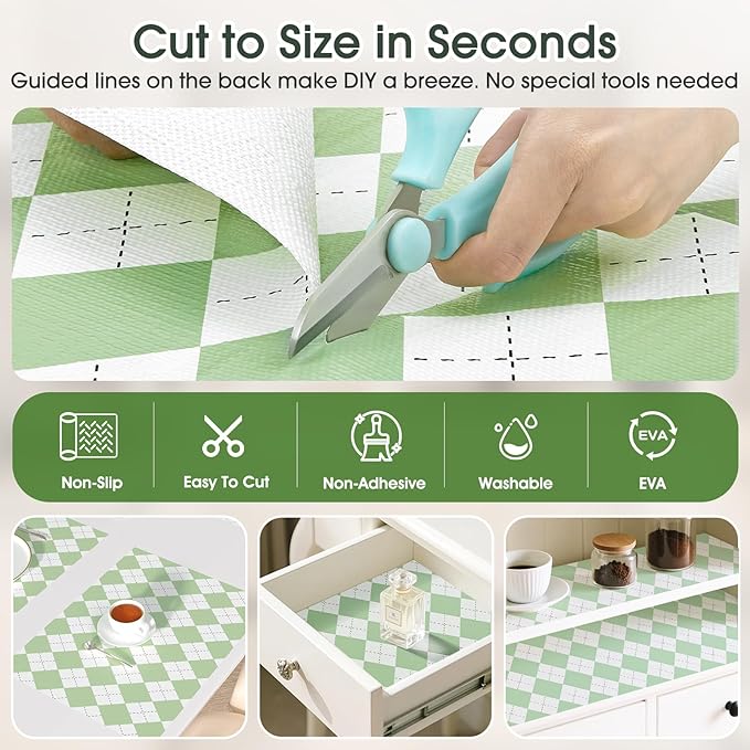 Coavas Extra Grip Thickened Shelf and Drawer Liner - Non-Adhesive Non-Slip Waterproof Mats for Kitchen Cabinets, Drawers, Shelves, Dresser & Cupboard, Easy Cut DIY (Green Rhombic, 12IN x 20FT)
