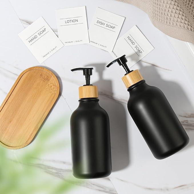 Hand and Dish Soap Dispenser Set, Plastic Kitchen Soap Dispenser Set with Bamboo Tray, 17 Fl Oz Black Soap and Lotion Dispensers Sets with 4 Pack Labels for Kitchen & Bathroom Countertop