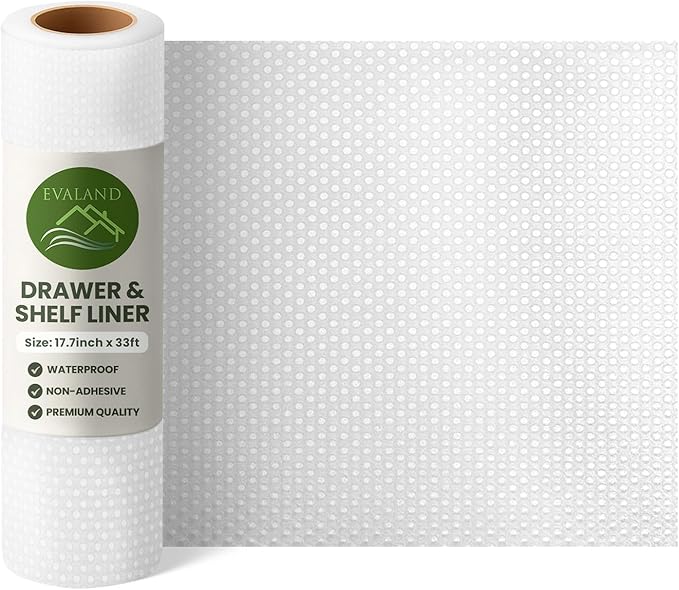 EVALAND Shelf Liners for Kitchen Cabinets Non-Adhesive 17.7" x 33 FT Clear Drawer Liner Non Slip, Washable Cabinet Liner, Waterproof Shelf Liners for Cabinets, Refrigerator Bathroom Pantry - Thickened