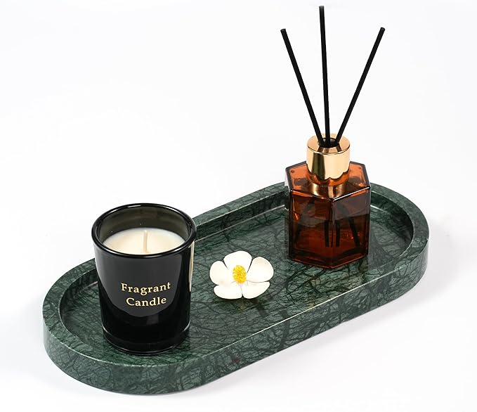 Green Marble Oval Tray - Stone Decorative Perfume Trinket Jewelry Dish, Catchall Organizer for Bathroom Vanity Dresser Kitchen Countertop Home Decor